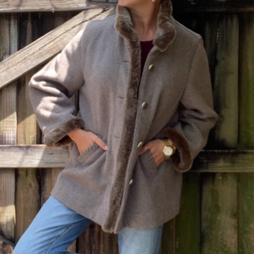 j jill wool blend brown barn coat jacket faux fur trim large L